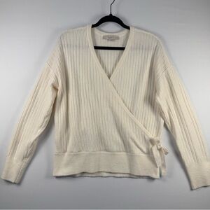 NWOT LOFT Women’s Ivory Ribbed Wrap V-Neck Sweater, Size: L